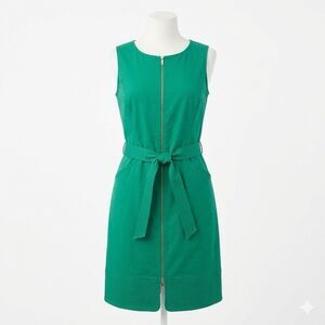 Lafayette 148 Dress 14  Green Zip Up Front Sheath Belted Corpcore Quiet Luxury